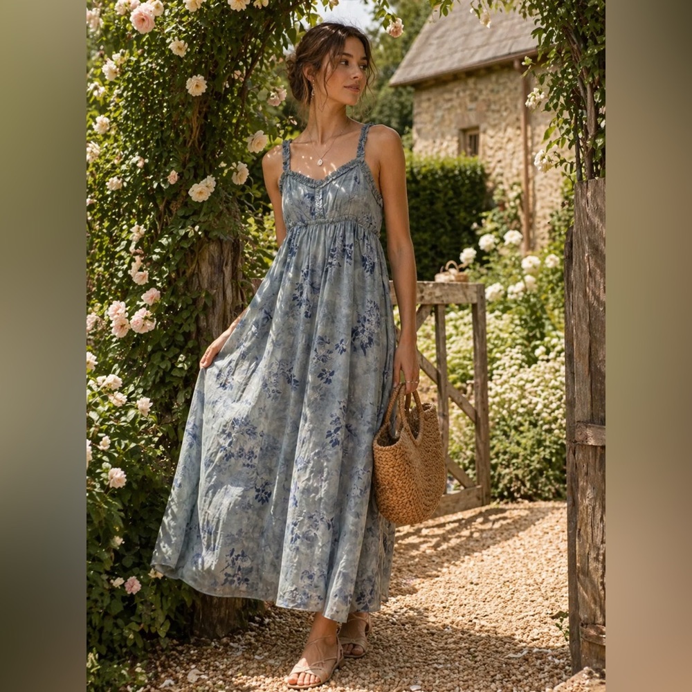 Storia Tencel Linen Blue Floral Maxi Dress M NWT